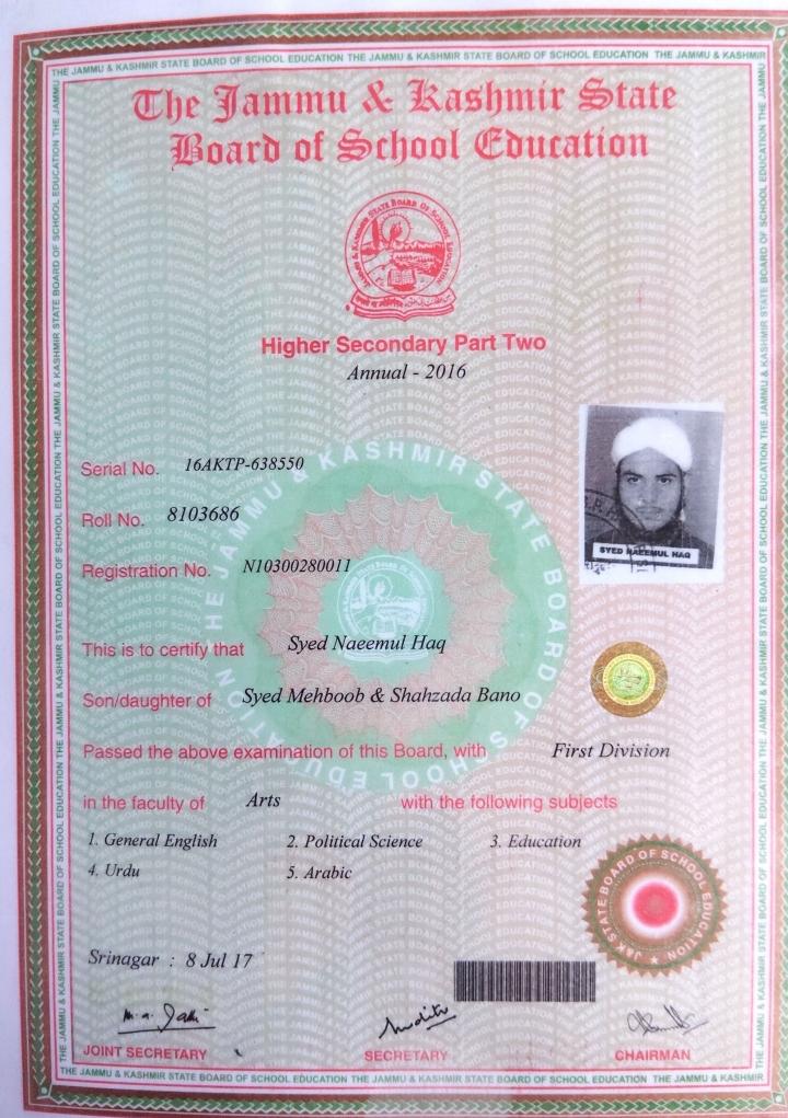 Higher Secondary Certificate (JKBOSE)
